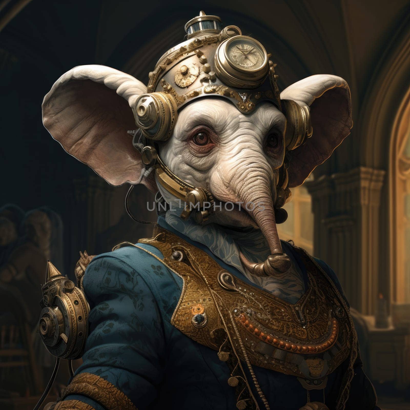 An extraordinary elephant character clad in elaborate steampunk attire, adorned with gears and a vintage hat. The setting features rich, warm tones, hinting at an imaginative, fantastical world.