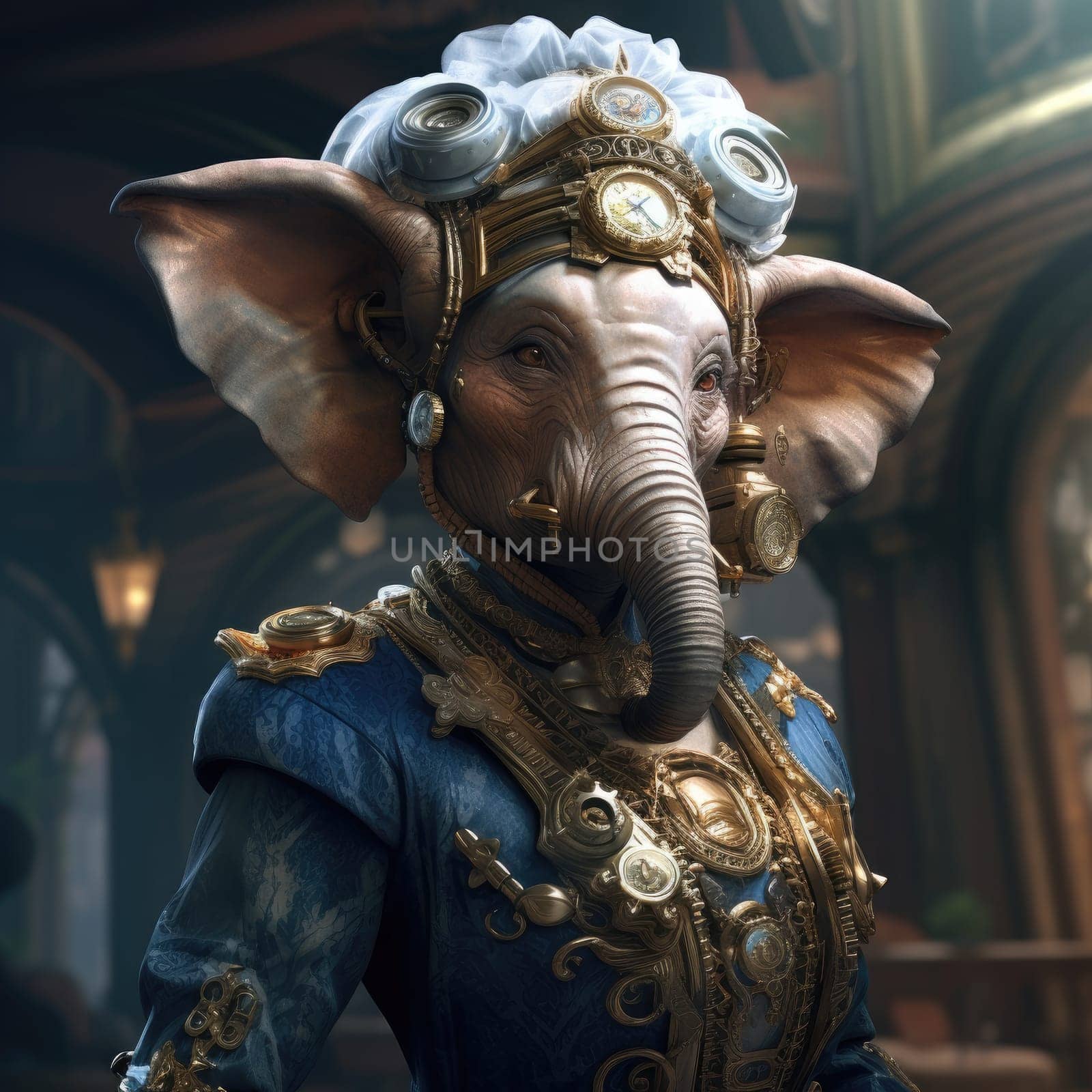 An enchanting elephant dressed in ornate steampunk fashion stands proudly, showcasing a blend of elegance and whimsy.