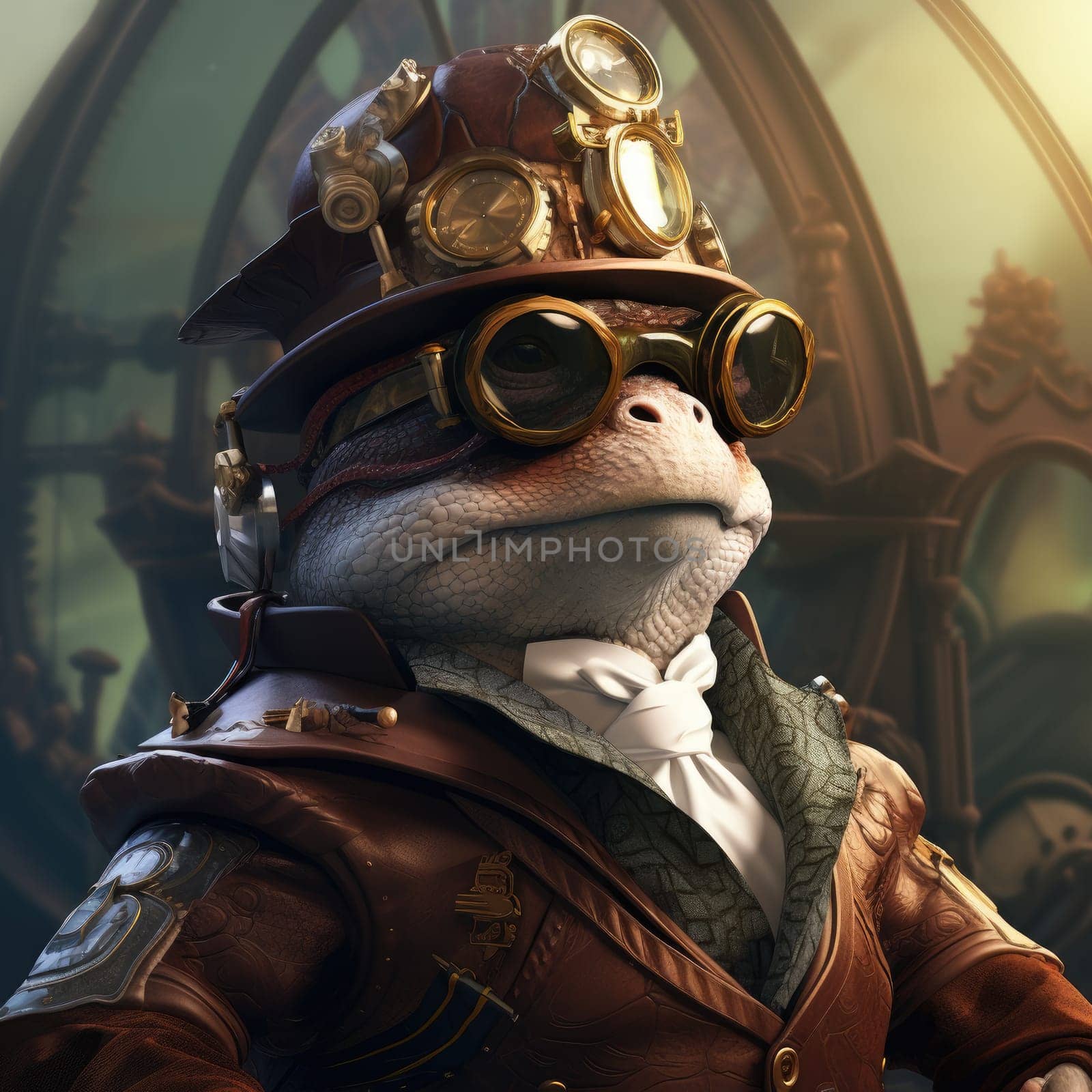 A sophisticated amphibian dons a stylish steampunk outfit featuring goggles and a dapper waistcoat.