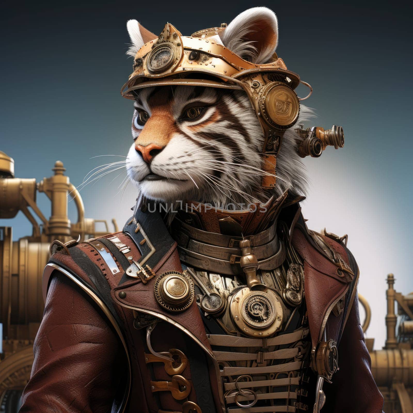 A majestic tiger dressed in steampunk attire stands proudly, adorned with intricate goggles and gear accessories.