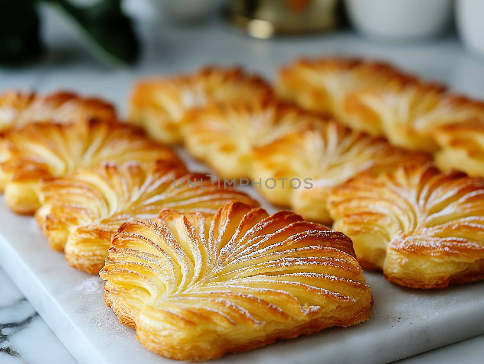 A plate of pastries with a leaf design on them. The pastries are arranged in a row on a marble countertop