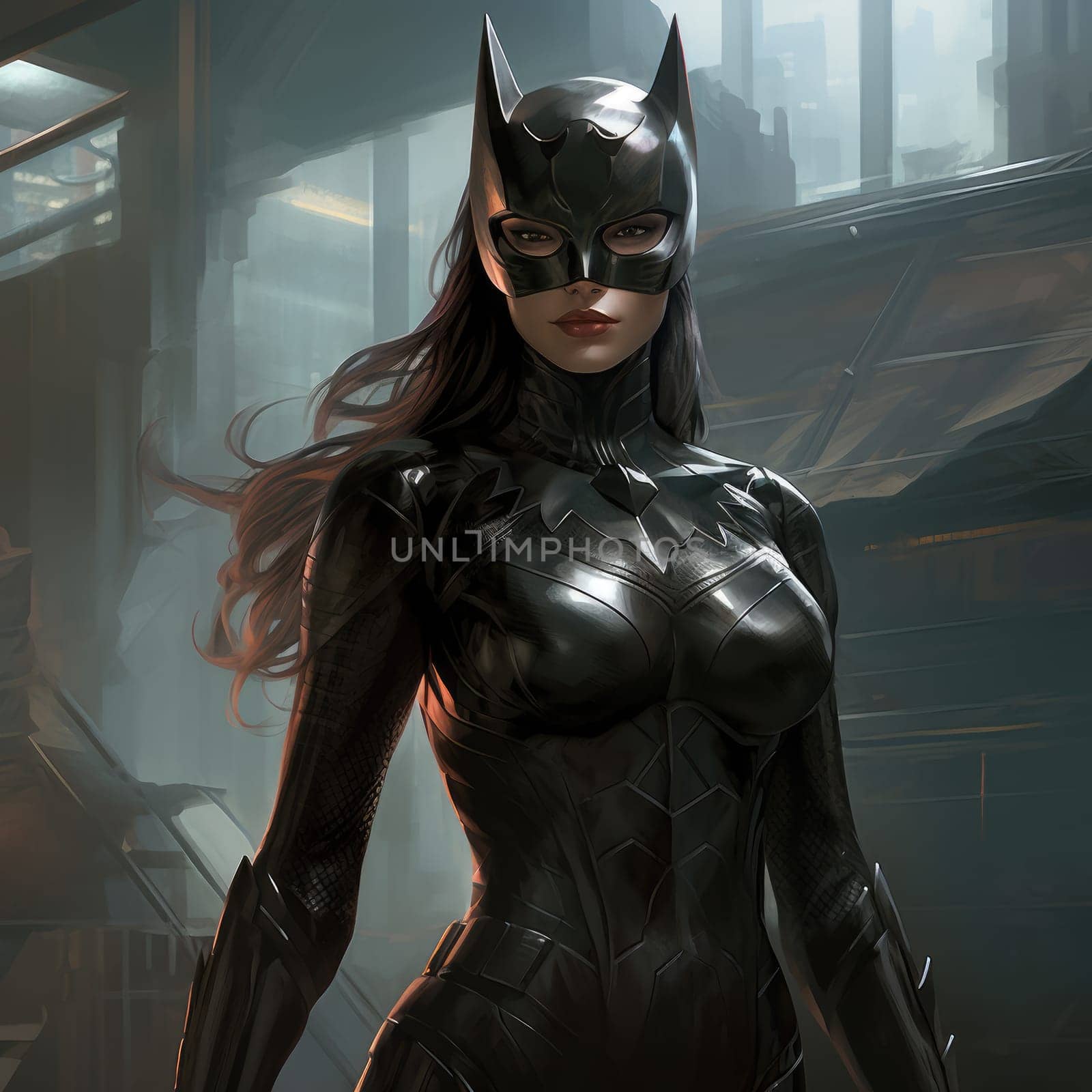 A captivating character in a form-fitting black suit stands confidently, with a fierce gaze and stylish mask. The backdrop of a bustling city hints at mystery and adventure unfolding at twilight.