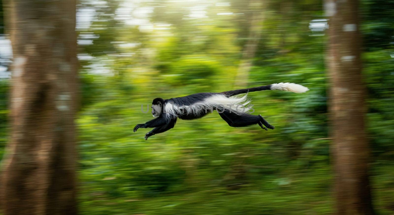 A black and white colobus monkey performs an agile leap amidst a rich, green forest, showcasing its acrobatic agility and vibrant fur contrasting against the blurred trees, the dynamic movement in its natural habitat.