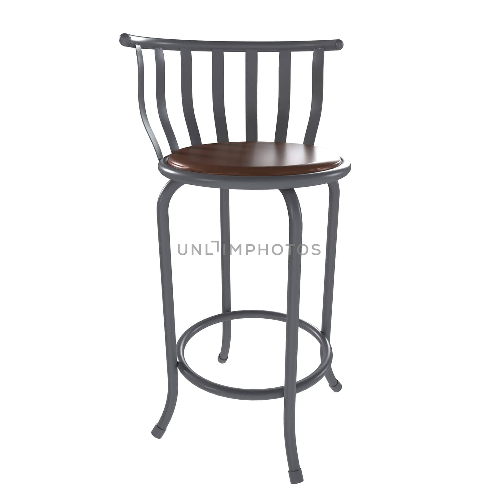 A sleek bar stool featuring a curved metal frame and a comfortable wooden seat.