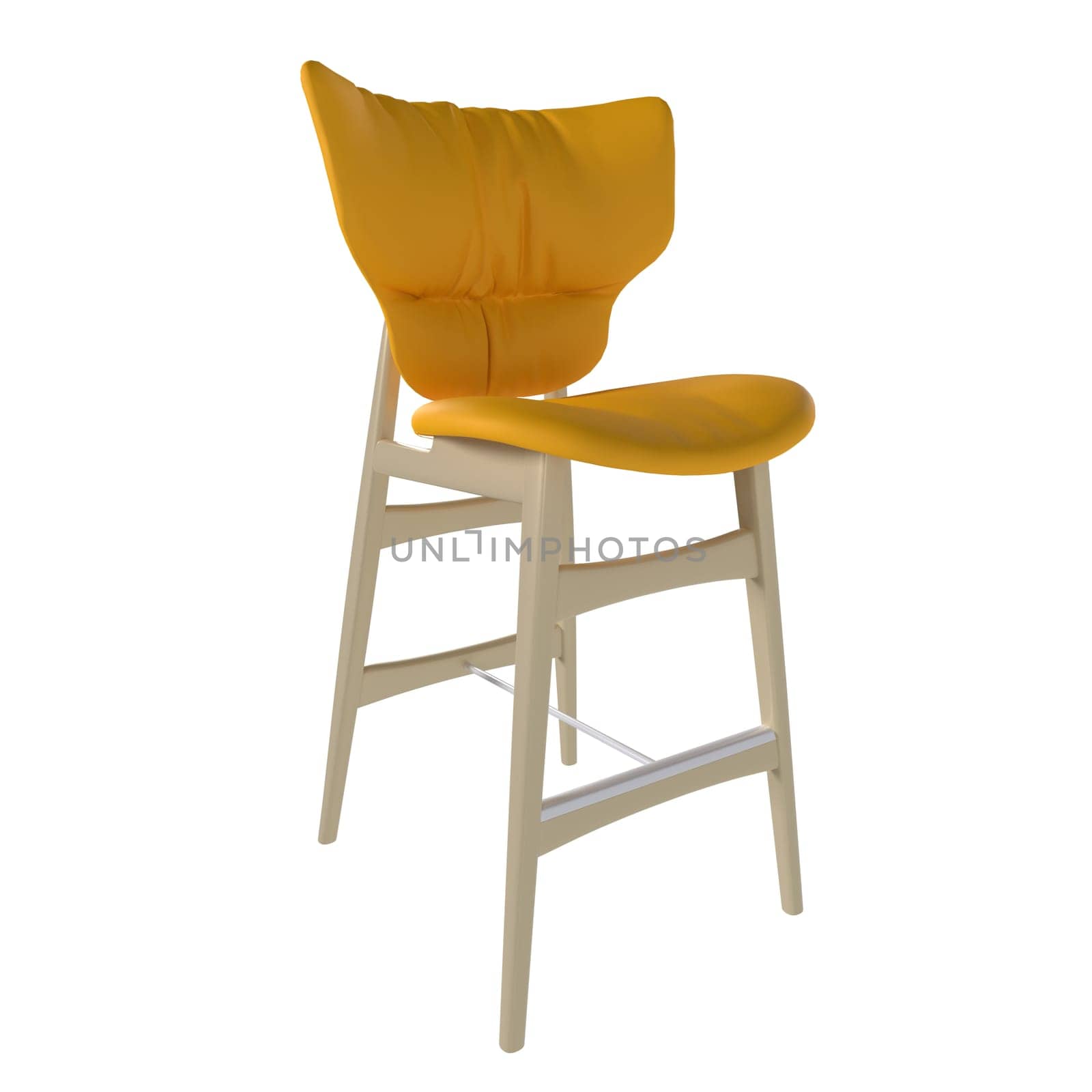 High chair features a modern design with a comfortable yellow cushion, perfect for dining.