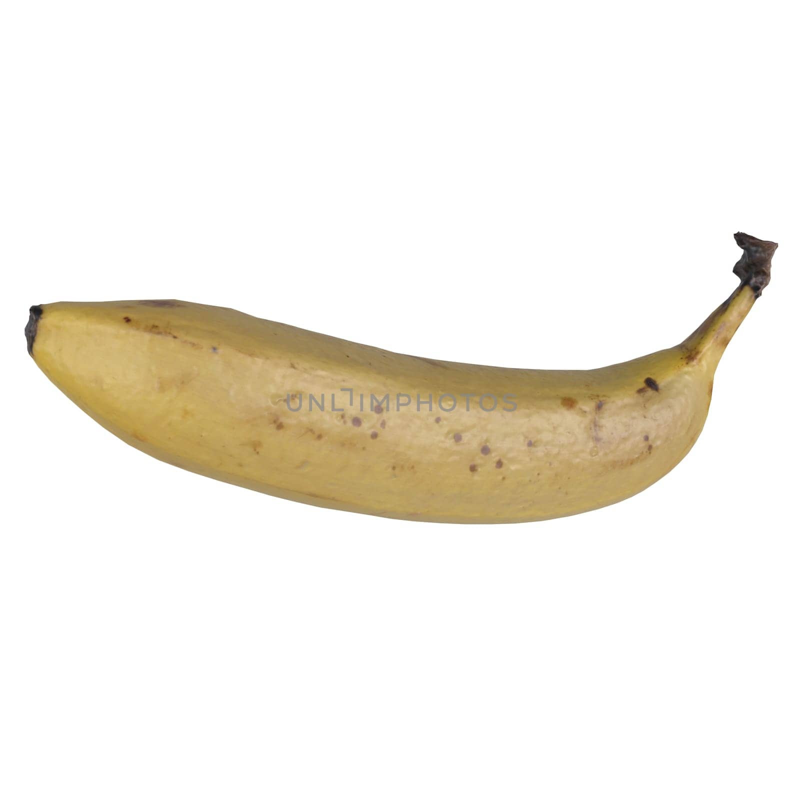 A single ripe yellow banana is displayed on a white background, ready for consumption.