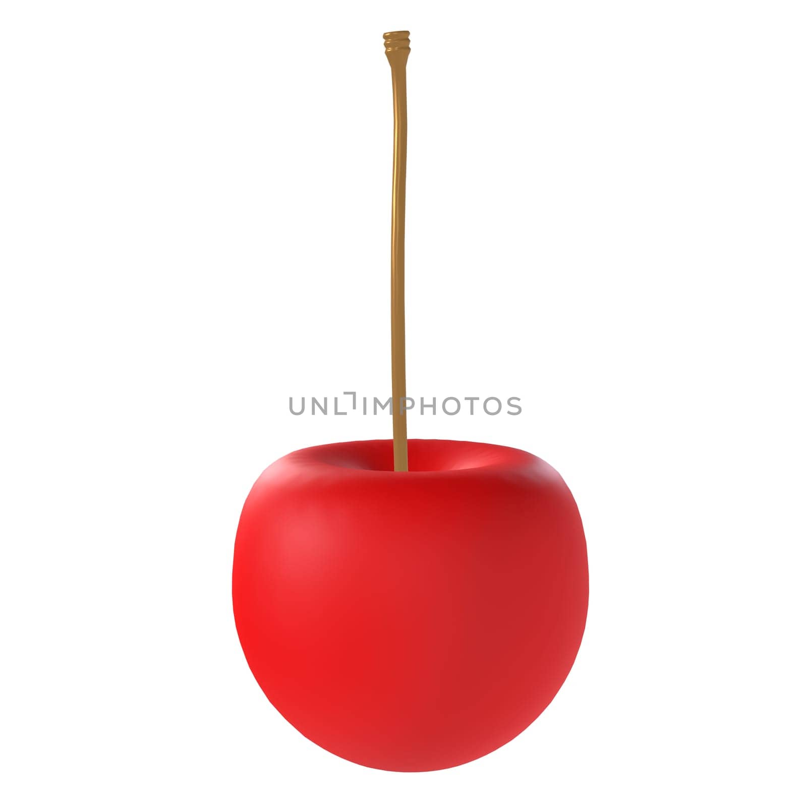 This cherry features a smooth, shiny surface with a long stem, all set against white.