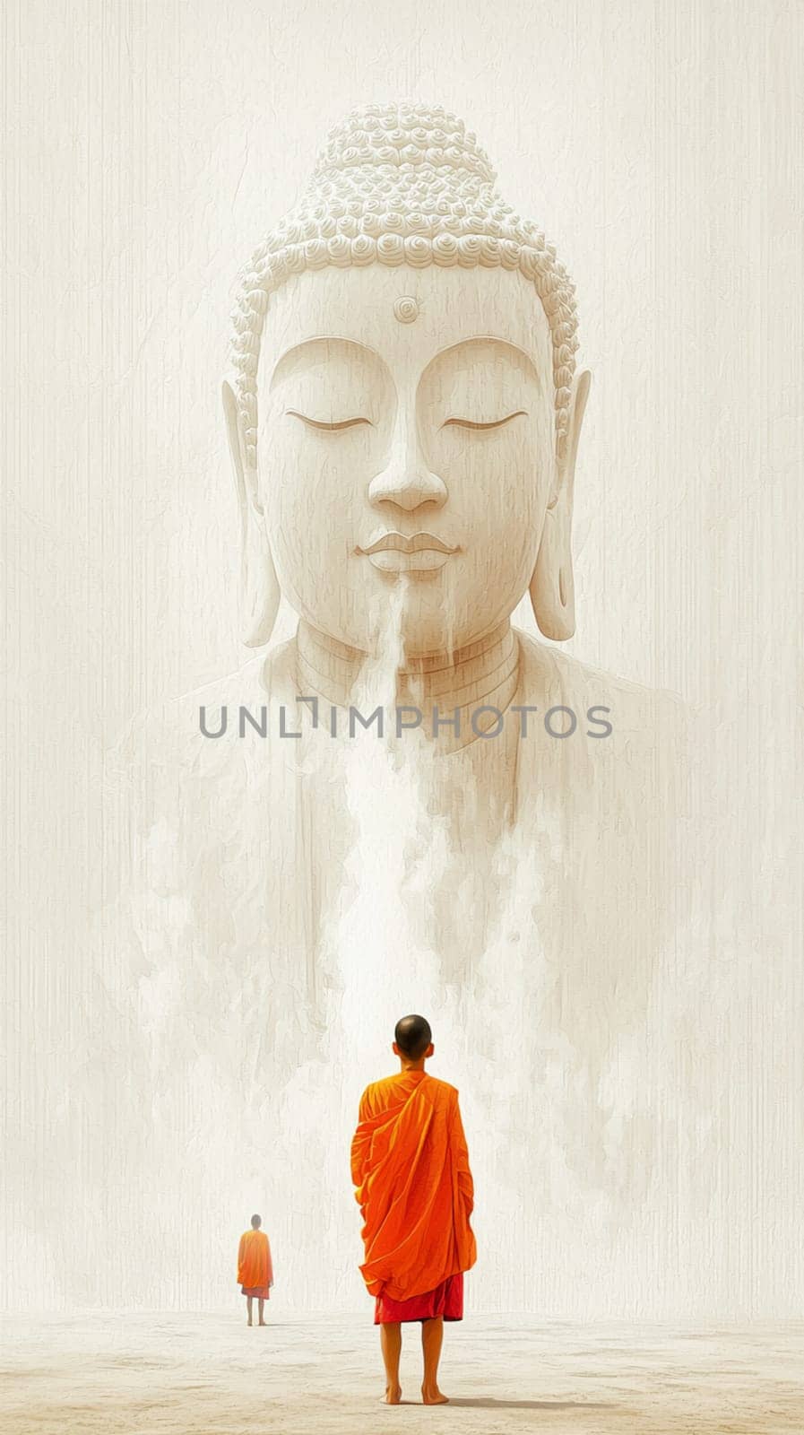 Buddhist monk wearing an orange kasaya walking on a stone surface towards a giant buddha head