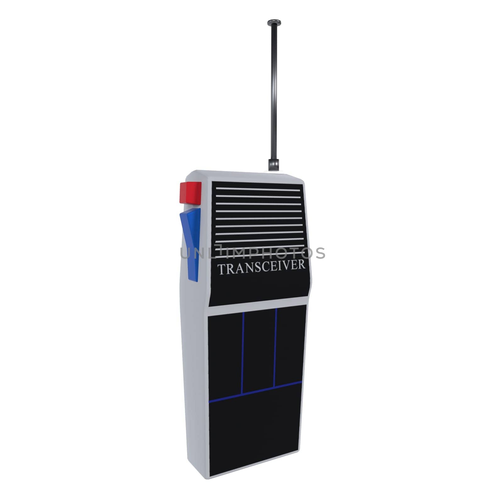A transceiver device stands alone against a stark white background, showcasing its features.