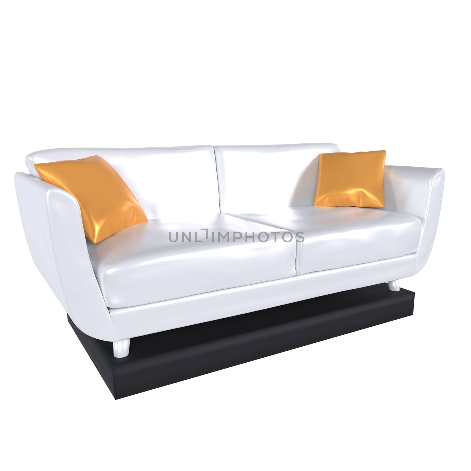 A contemporary white sofa with orange cushions stands out against a clean white backdrop.