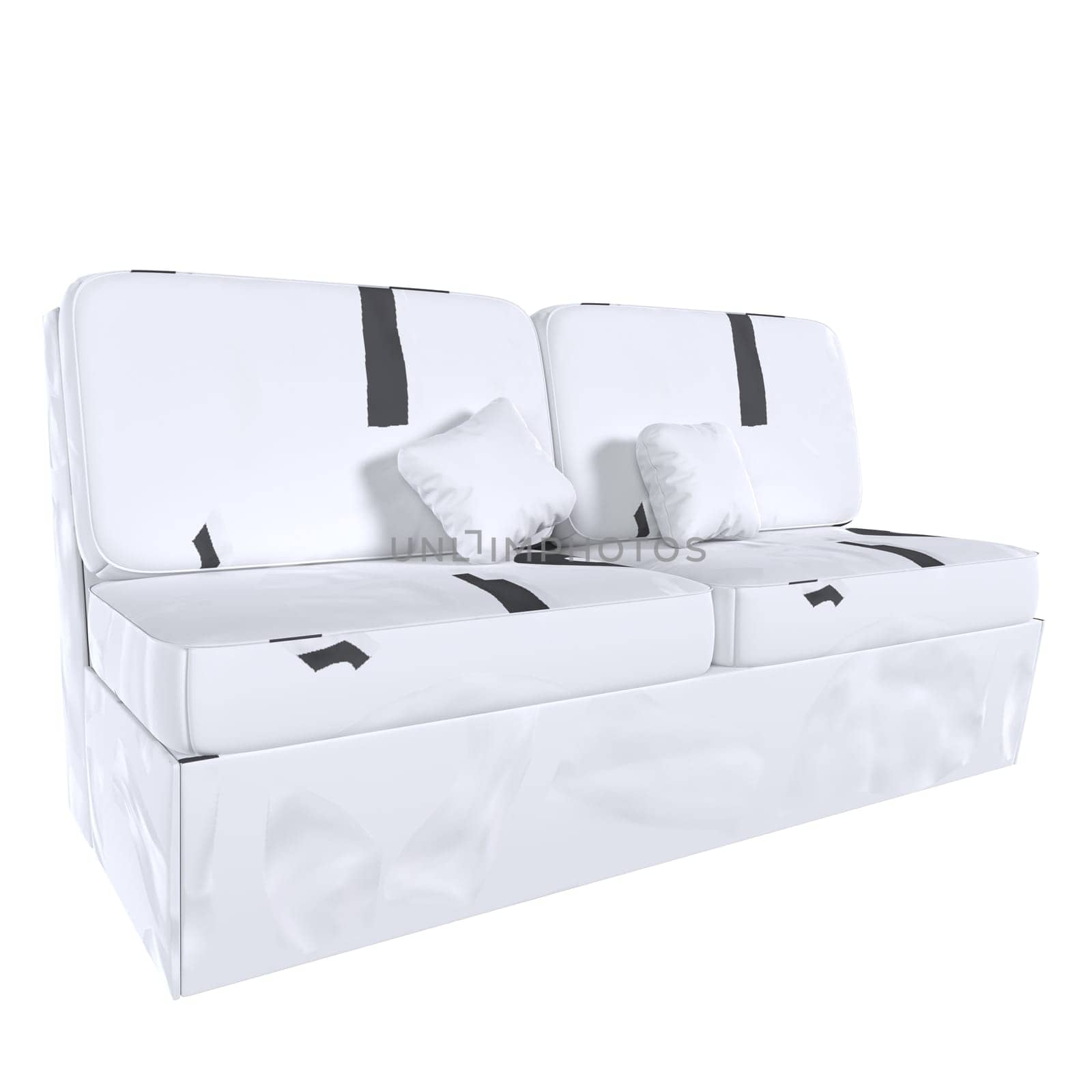 Stylish white sofa featuring black accents and cozy cushions on a plain background.