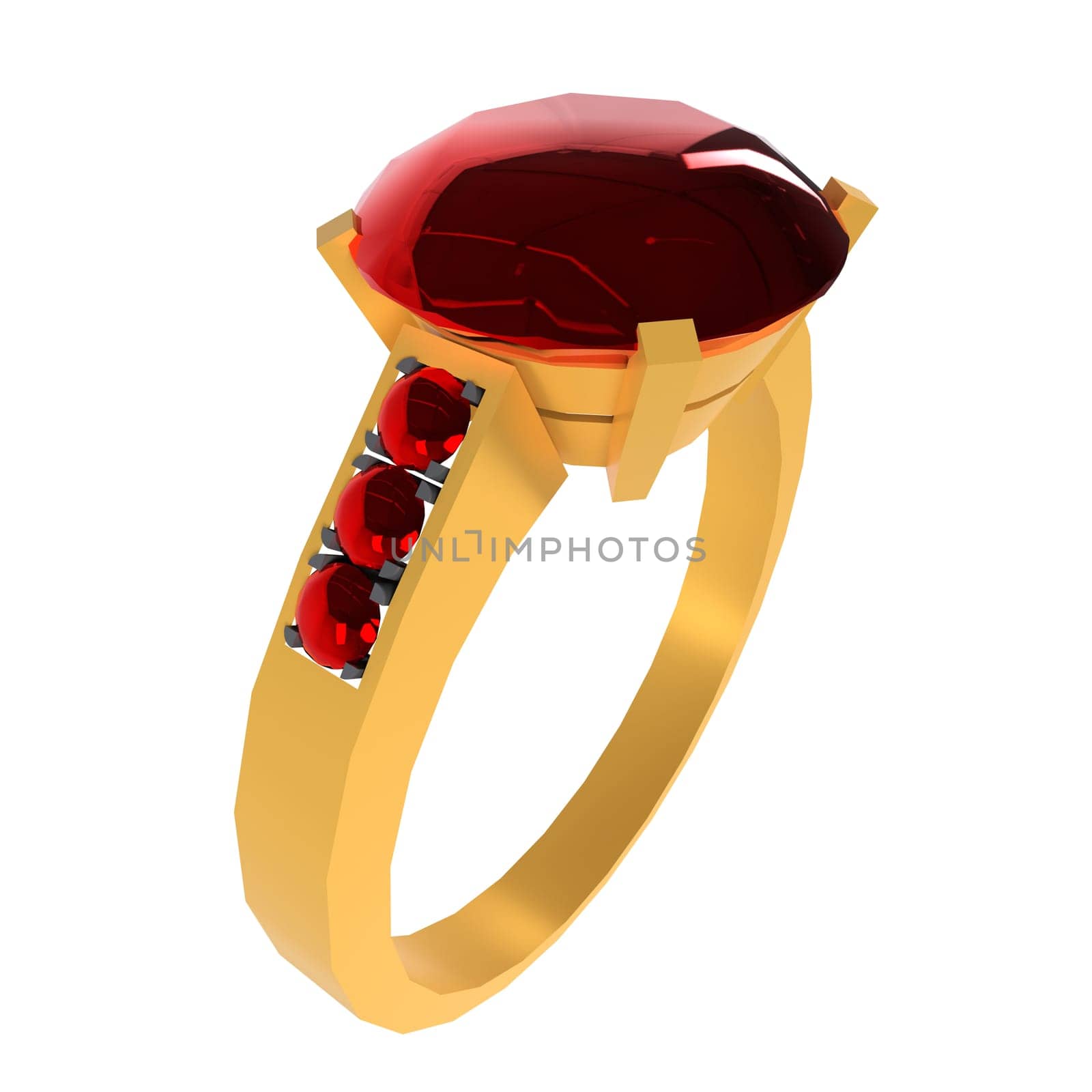 This exquisite ring features a large red gemstone surrounded by smaller gems on a golden band.