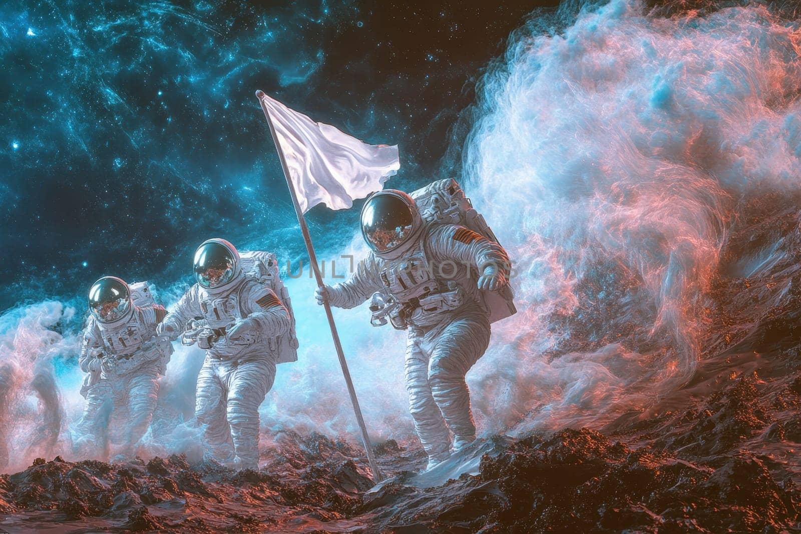 A striking depiction of astronauts planting a flag on an alien landscape, enveloped in vibrant cosmic waves and spectacular colors, symbolizing exploration and discovery.