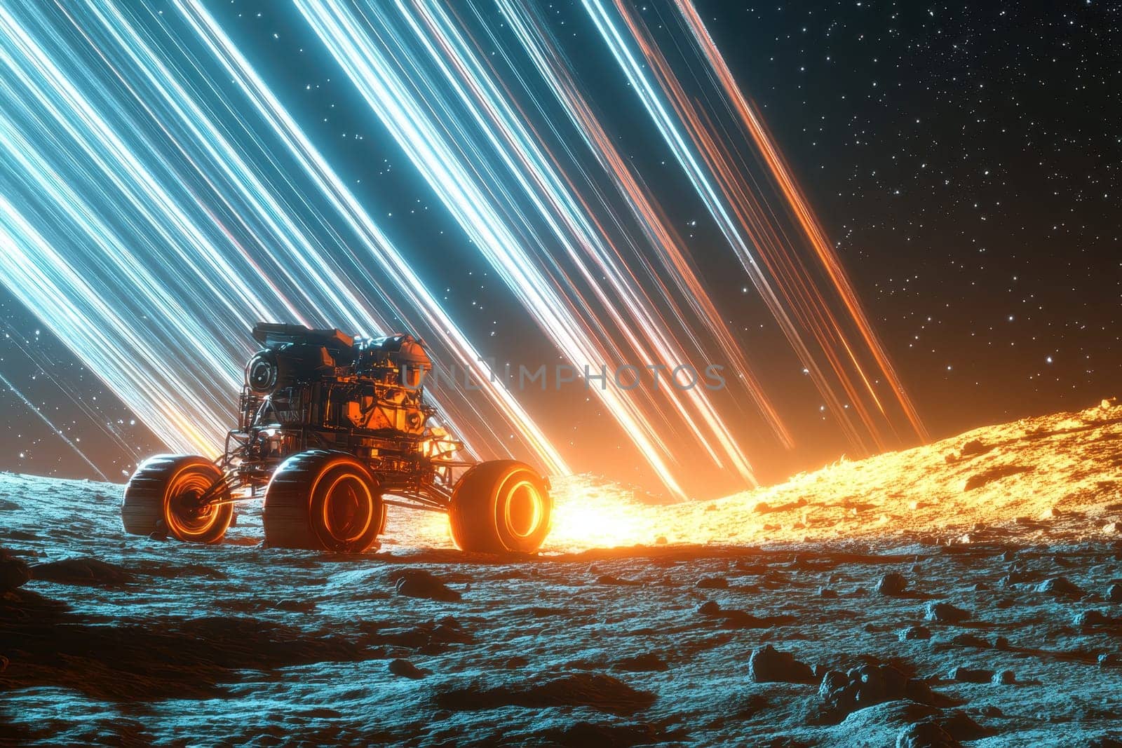Experience a surreal scene featuring a rover navigating an otherworldly surface, illuminated by vibrant cosmic rays in a breathtaking cosmic landscape.