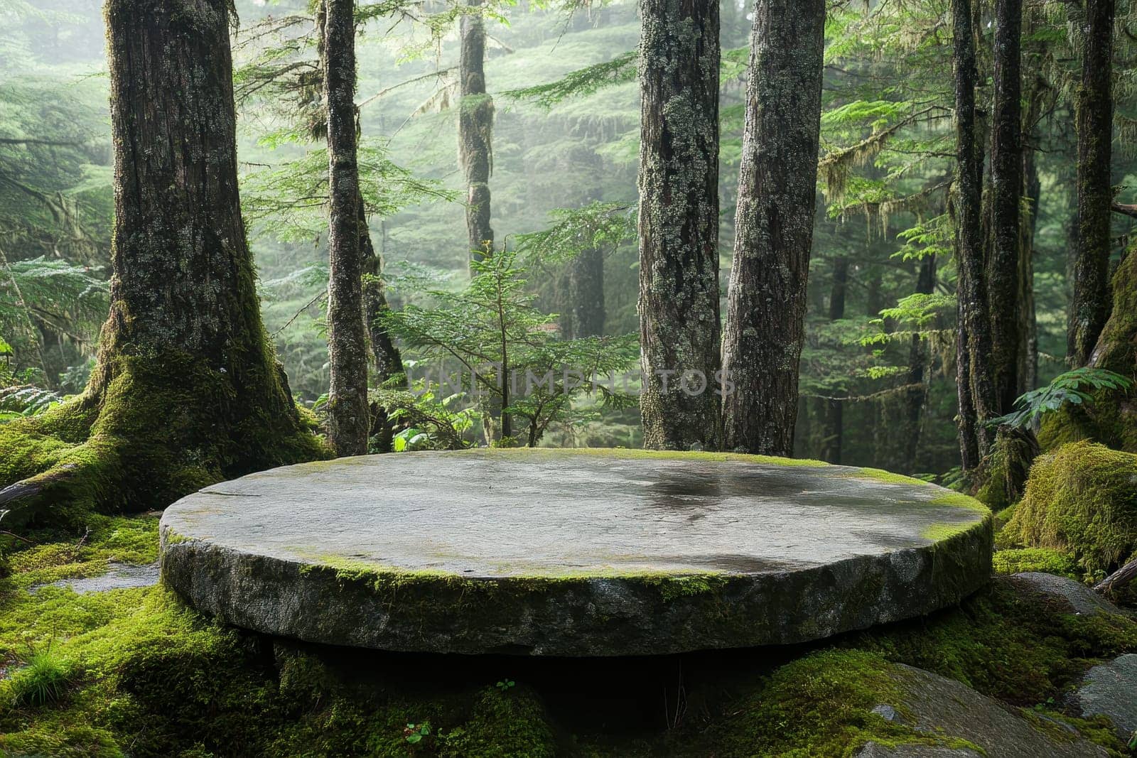A serene forest scene featuring a moss-covered stone platform nestled among tall, lush trees. The atmosphere is tranquil with soft mist and natural beauty, creating a peaceful retreat.