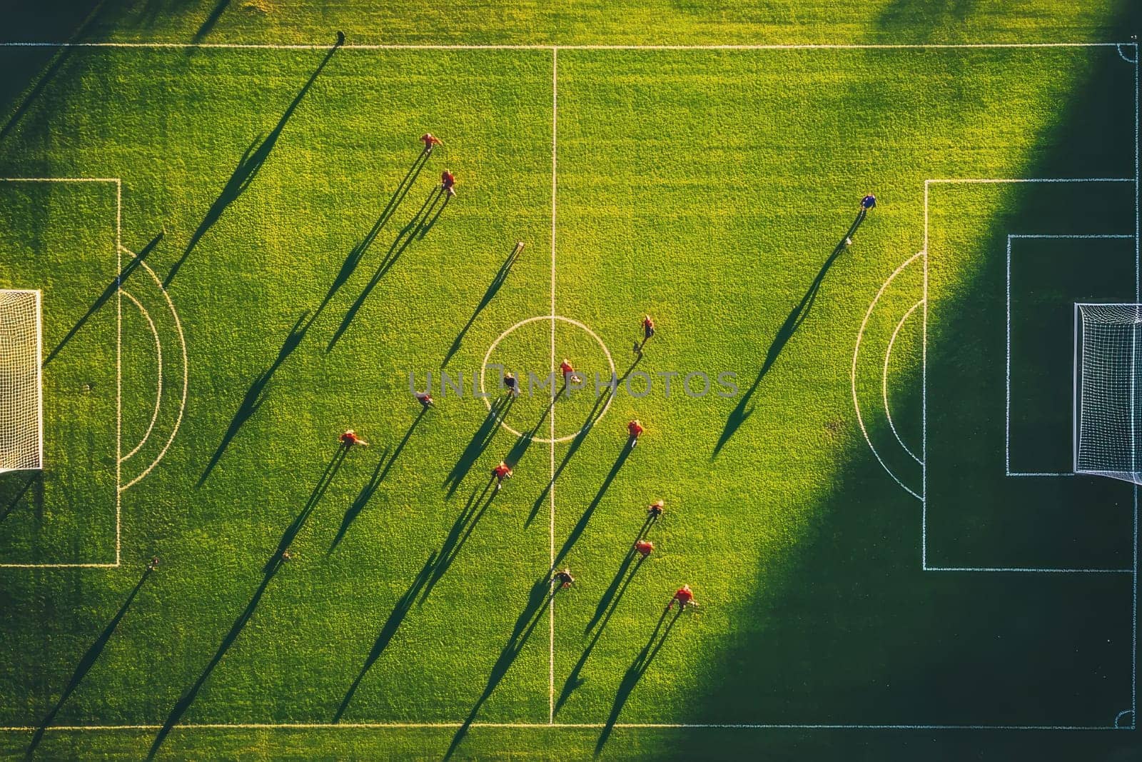Capture a stunning aerial view of a soccer field during a training session, showcasing players engaged in practice. The vibrant green grass and long shadows highlight the dynamic movement and team interaction involved in the sport.