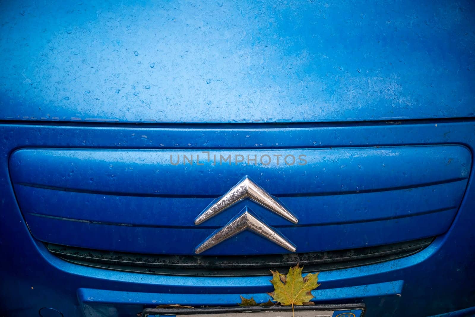 Lombardy, Italy - November 20th 2024 Close-up of the logo of a blue citroen c3 pluriel with a dry leaf stuck on the grille on a rainy autumn day