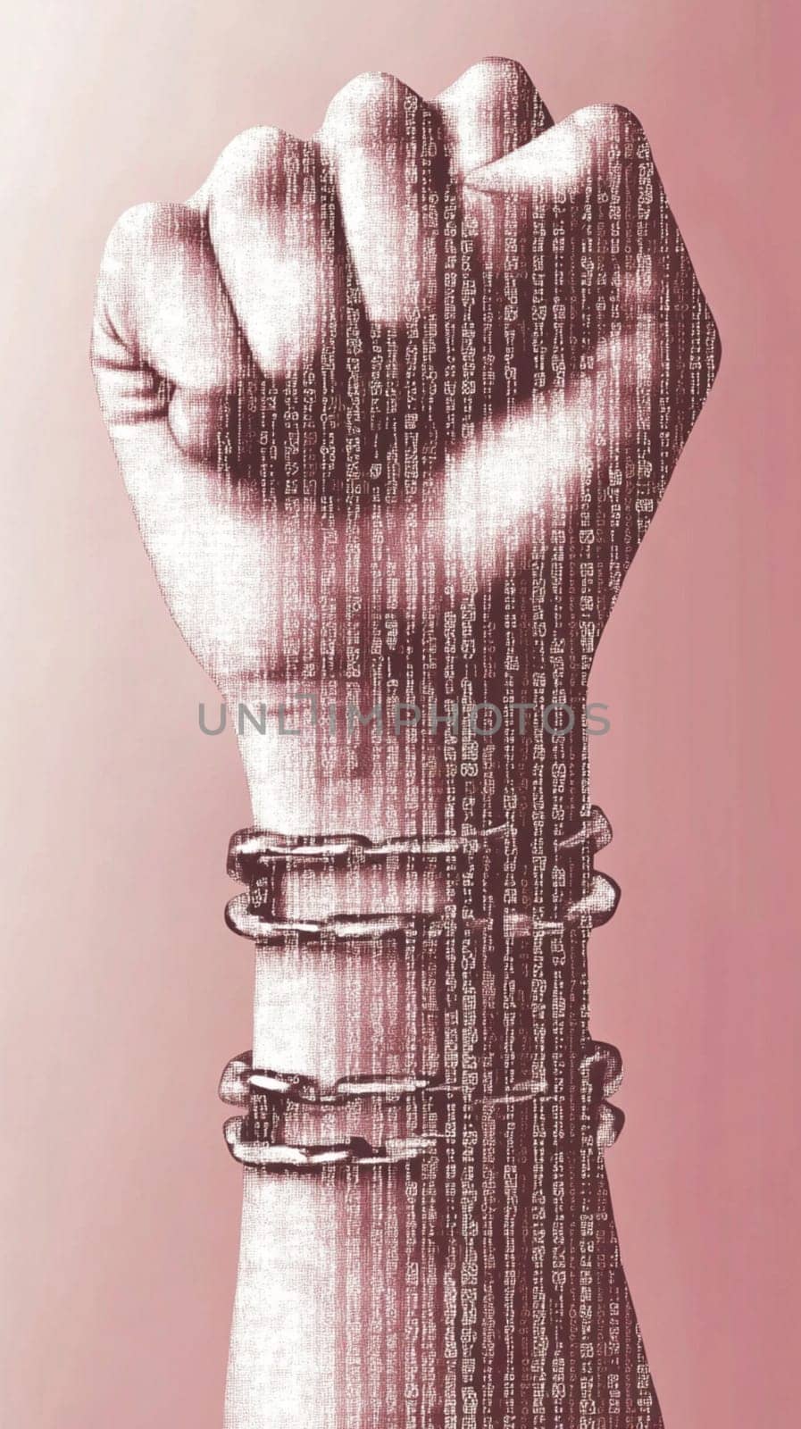 Powerful fist, adorned with intricate patterns, is breaking free from heavy chains, symbolizing the struggle for freedom and equality
