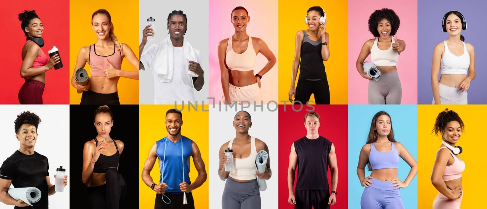 A vibrant collection of individuals engages in fitness activities, demonstrating enthusiasm for exercise, health, and wellness. Each person holds workout gear, highlighting their commitment.