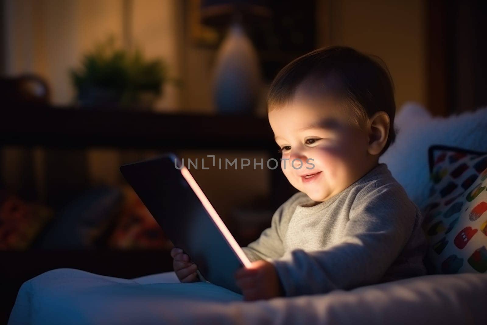 Adorable blond toddler baby on the bed and playing with tablet at home, indoors. Child with tablet computer. Generative ai.