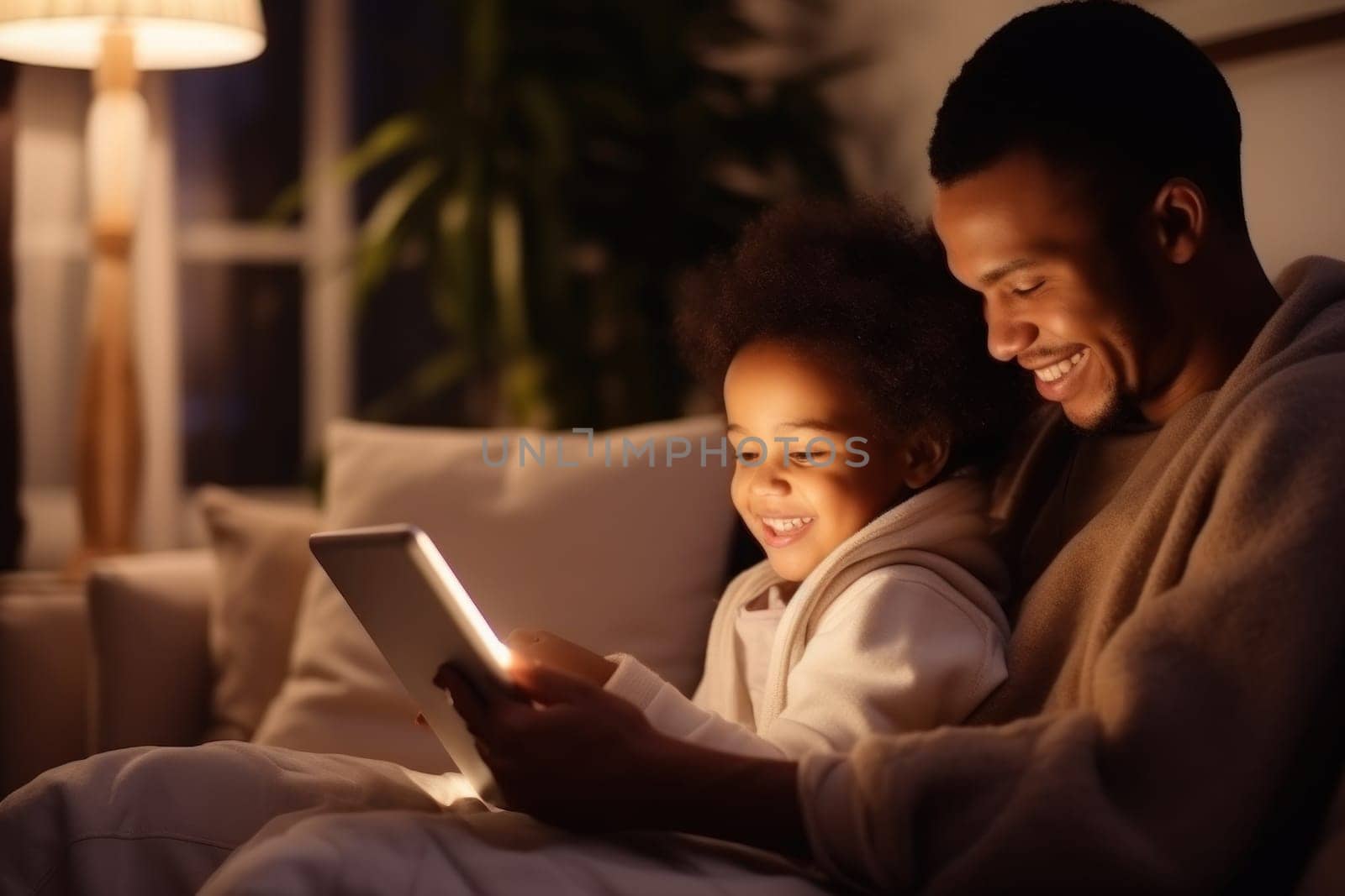 Parent and children with games in living room, entertainment and learning on cartoon network. Diverse family. generative ai.