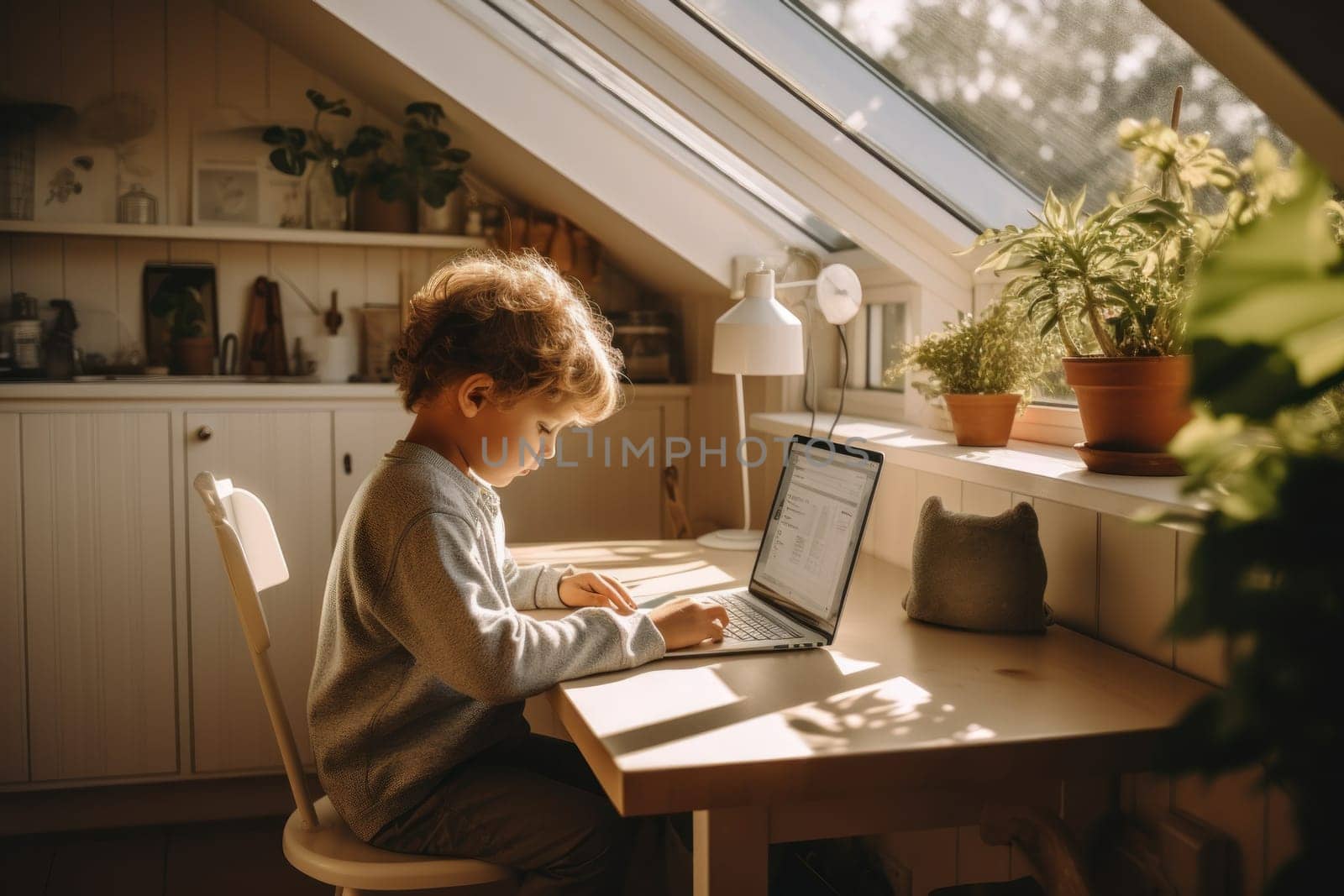 Young black girl browsing on a tablet pc at cozy home. Generative ai.