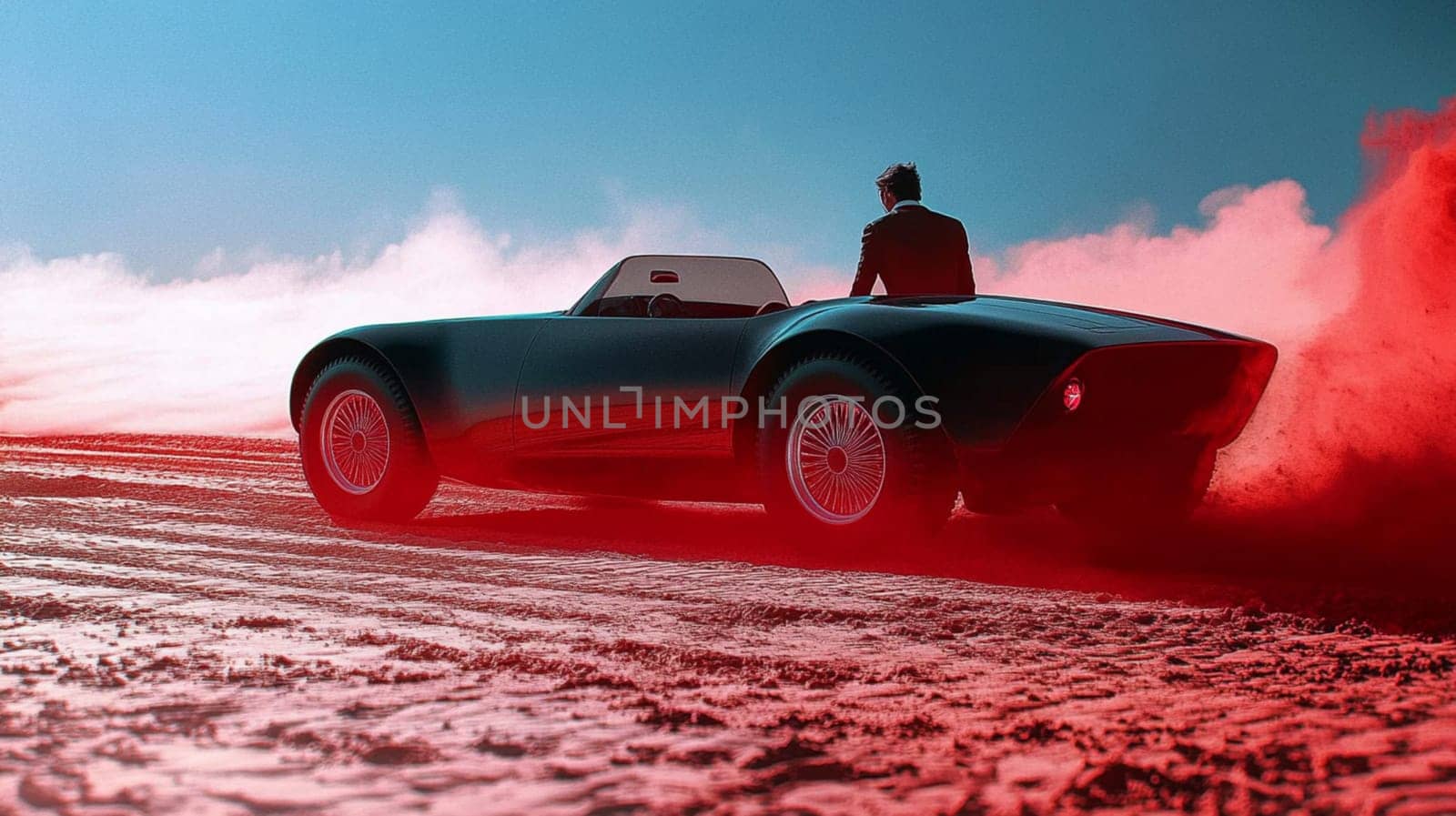 Businessman is stepping out of a futuristic black convertible on a red planet, leaving a cloud of red dust behind him