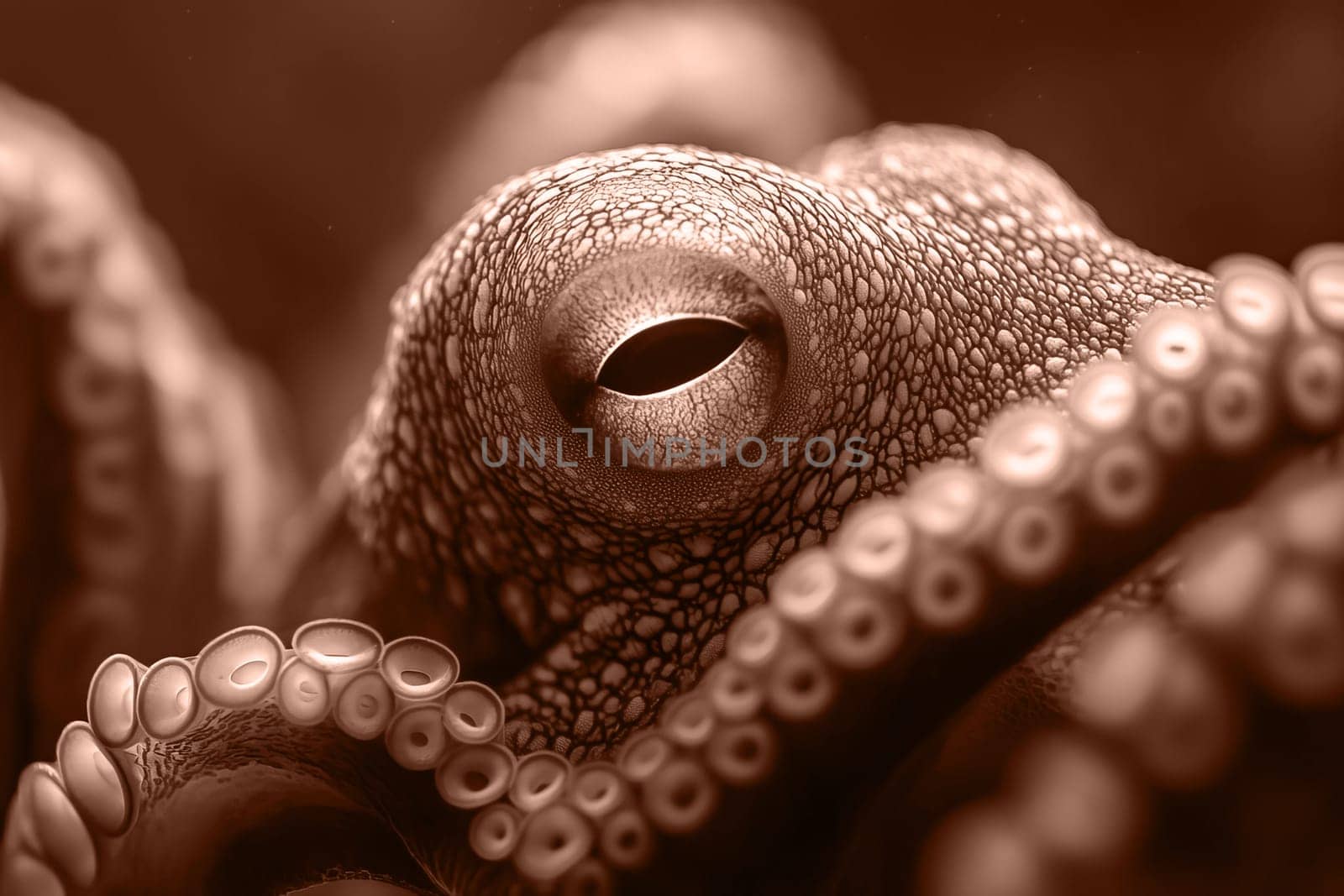 Close-up of octopus eye in mocha mousse. Color of the year 2025. Underwater world.
