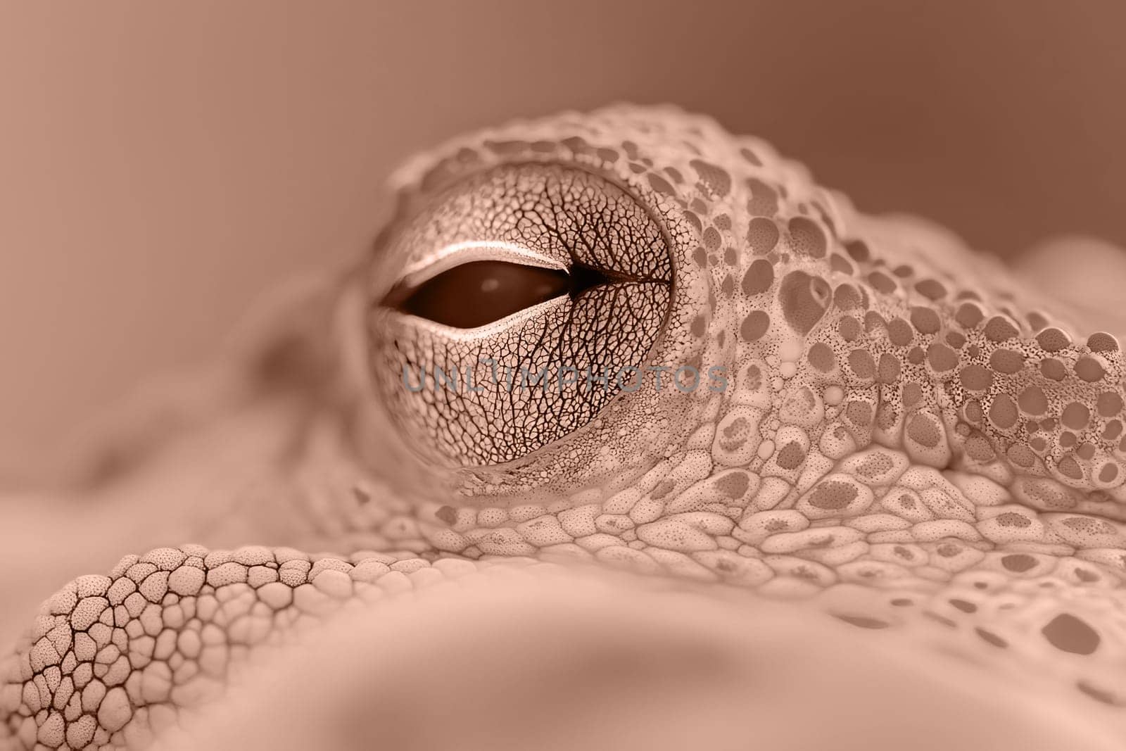 Close-up of octopus eye in mocha mousse. Color of the year 2025. Underwater world.