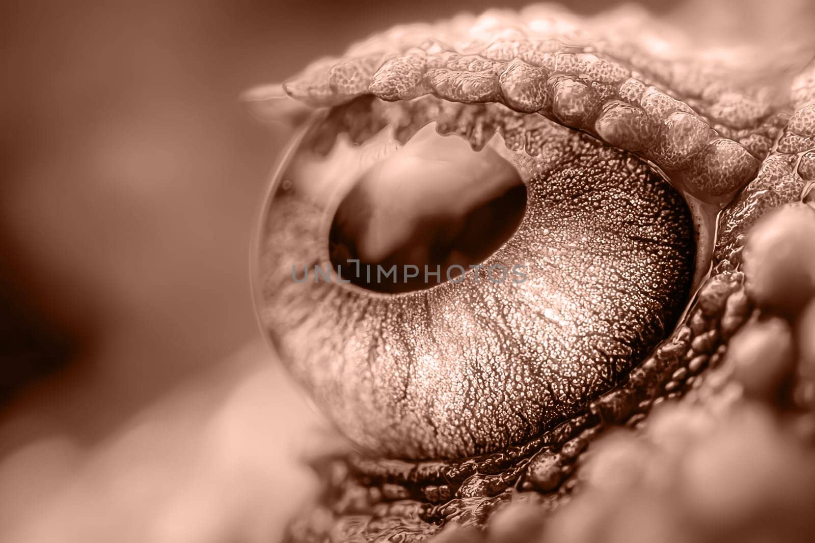 Close-up of octopus eye in mocha mousse. Color of the year 2025. Underwater world.