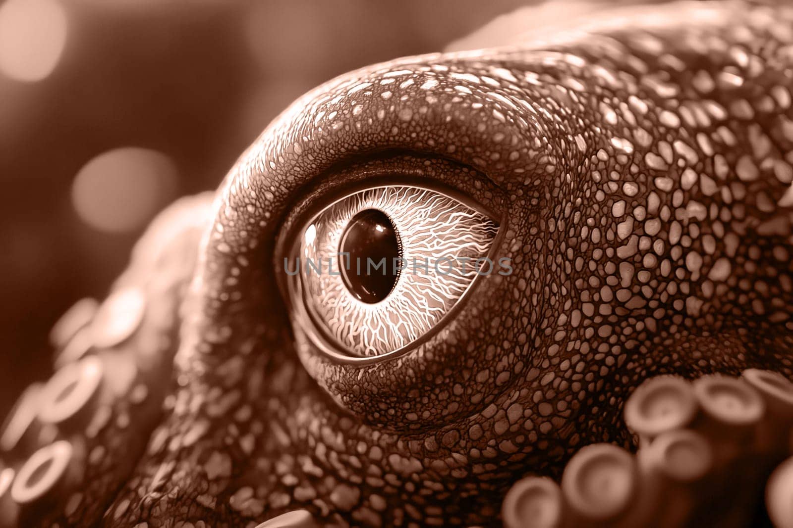 Close-up of octopus eye in mocha mousse. Color of the year 2025. Underwater world.