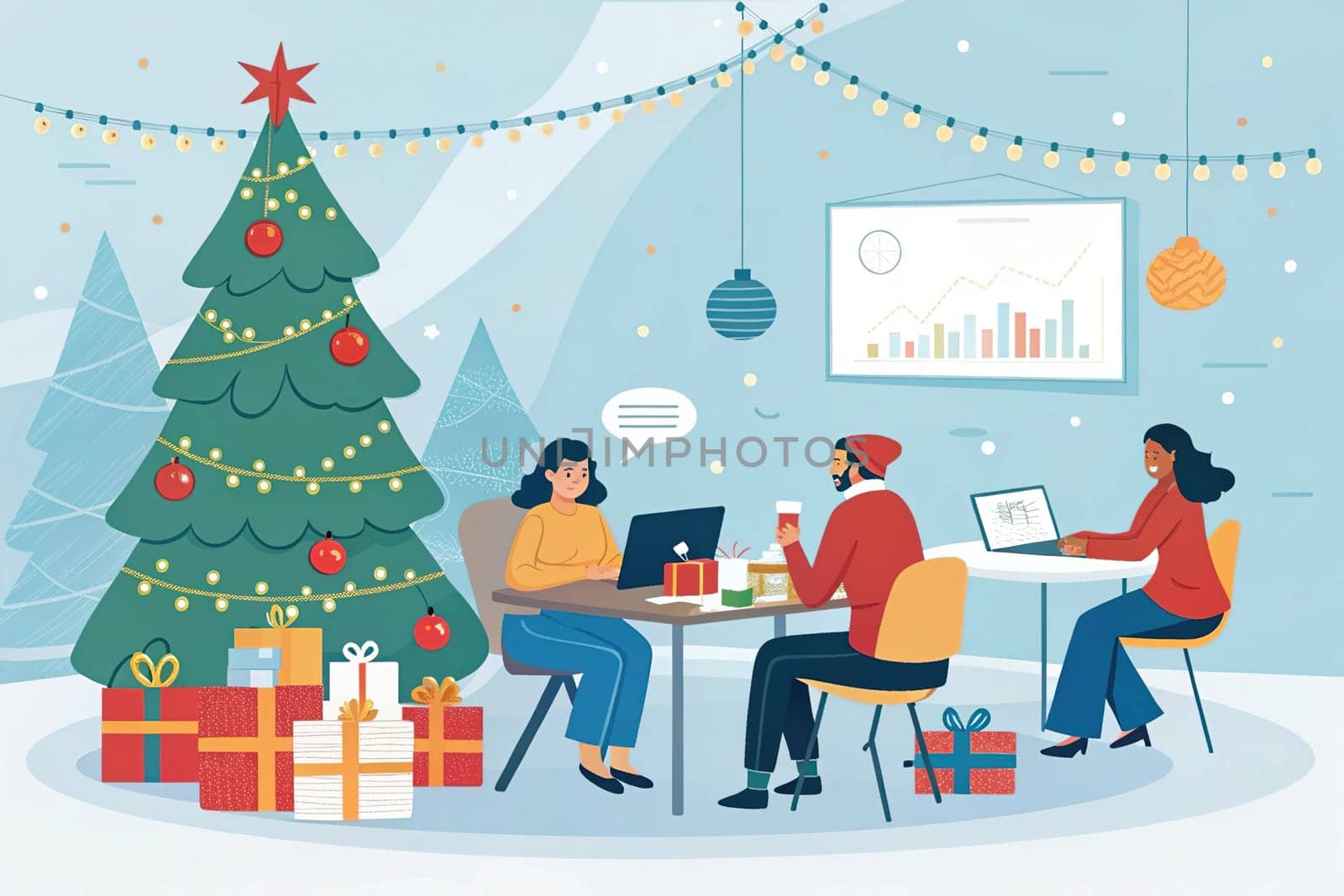 Christmas-Themed Collaborative Office Meeting Illustration.A digital illustration depicting a Christmas-themed collaborative office meeting in a modern workplace. Employees are gathered in a festive atmosphere, brainstorming projects amidst gift boxes, a Christmas tree, and holiday decorations. The background features twinkling Christmas lights, emphasizing a warm and cheerful work environment.