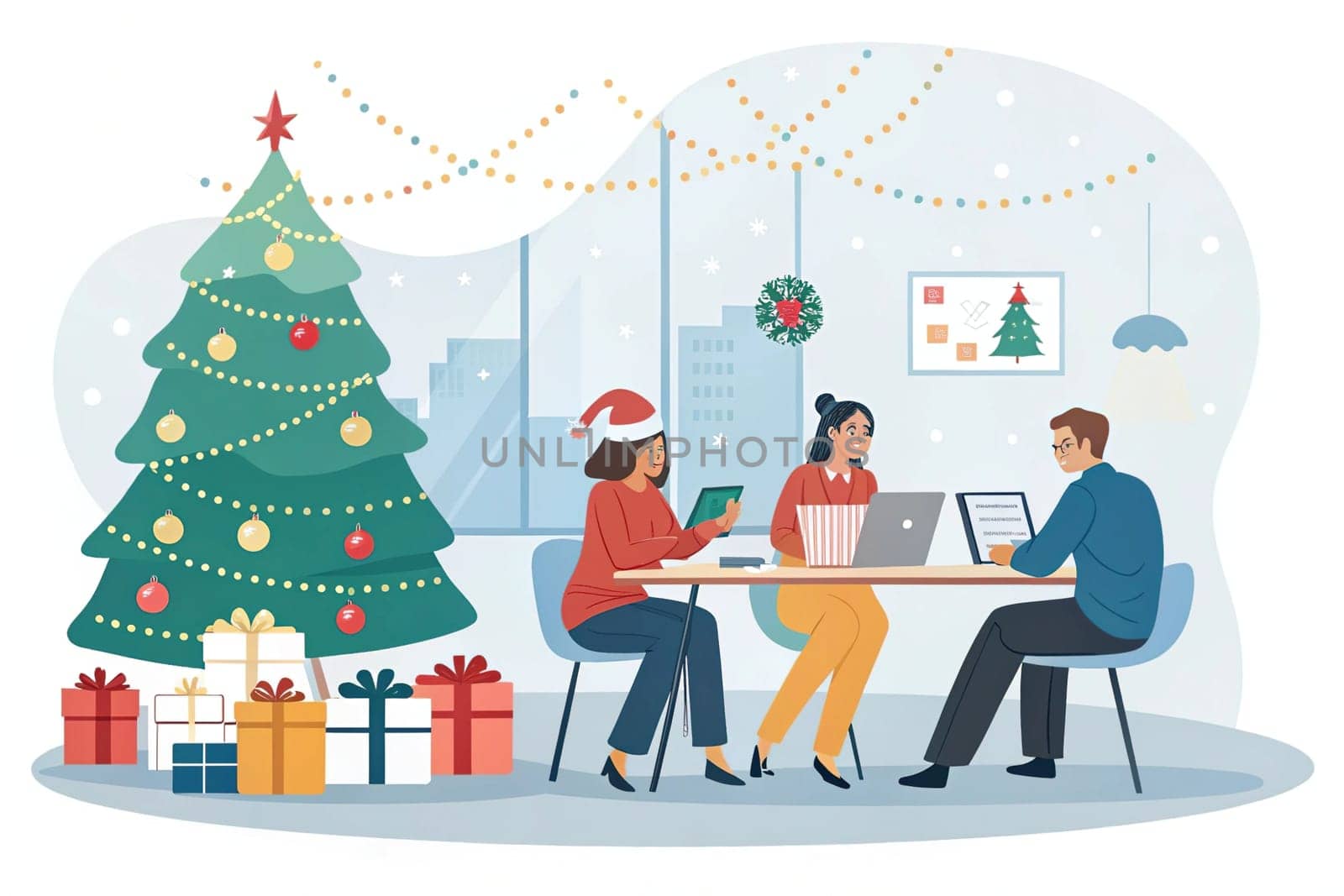Christmas-Themed Collaborative Office Meeting Illustration.A digital illustration depicting a Christmas-themed collaborative office meeting in a modern workplace. Employees are gathered in a festive atmosphere, brainstorming projects amidst gift boxes, a Christmas tree, and holiday decorations. The background features twinkling Christmas lights, emphasizing a warm and cheerful work environment.