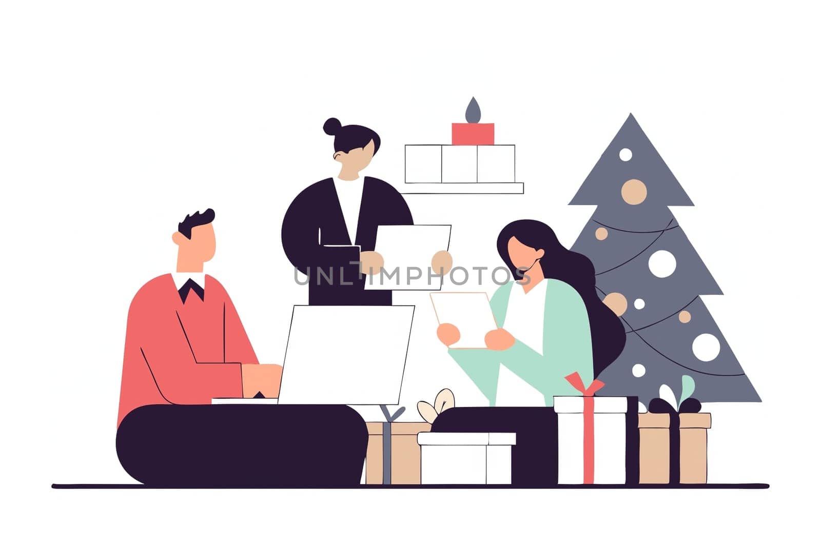 Christmas-Themed Collaborative Office Meeting Illustration.A digital illustration depicting a Christmas-themed collaborative office meeting in a modern workplace. Employees are gathered in a festive atmosphere, brainstorming projects amidst gift boxes, a Christmas tree, and holiday decorations. The background features twinkling Christmas lights, emphasizing a warm and cheerful work environment.