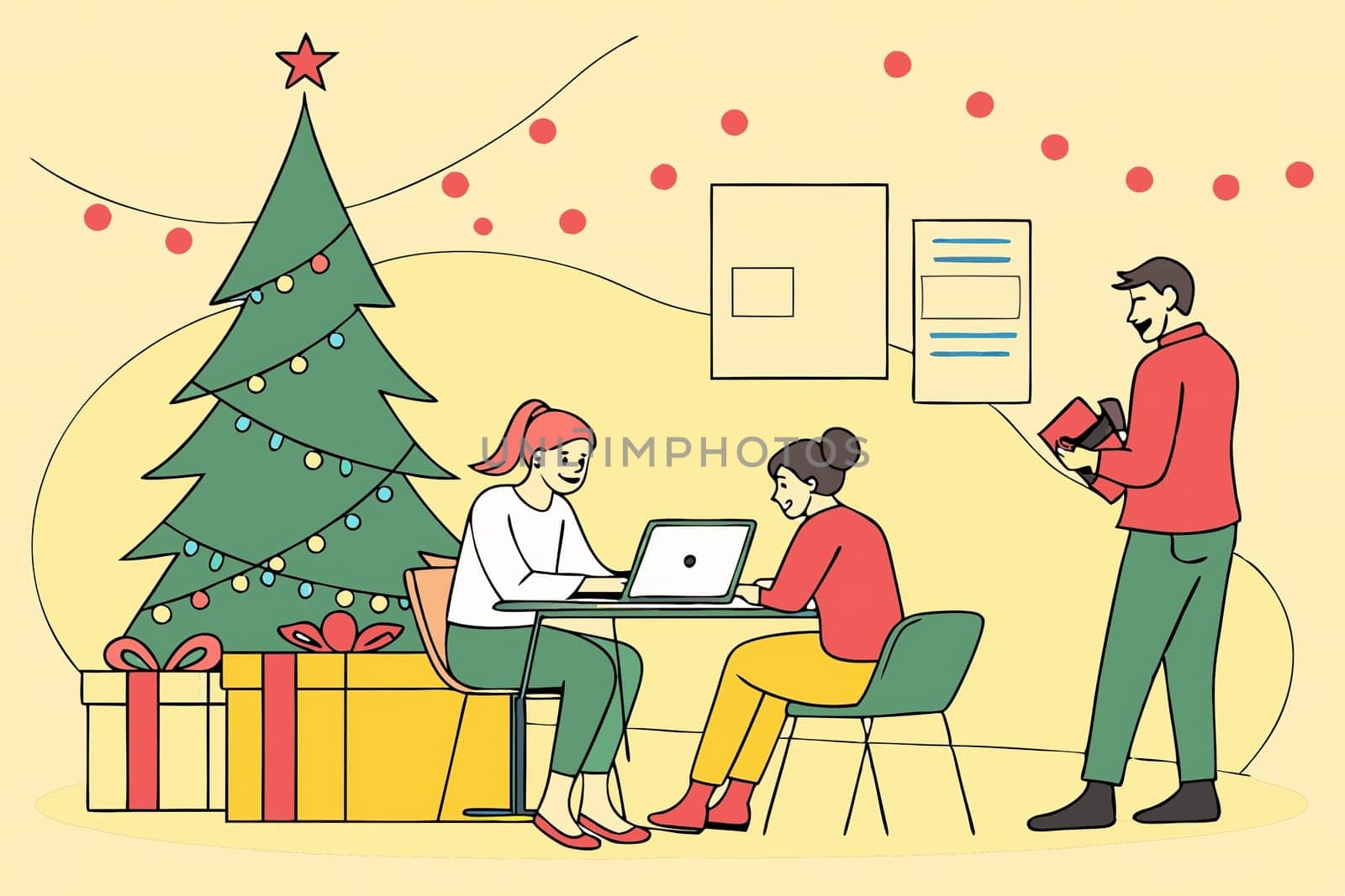 Christmas-Themed Collaborative Office Meeting Illustration.A digital illustration depicting a Christmas-themed collaborative office meeting in a modern workplace. Employees are gathered in a festive atmosphere, brainstorming projects amidst gift boxes, a Christmas tree, and holiday decorations. The background features twinkling Christmas lights, emphasizing a warm and cheerful work environment.