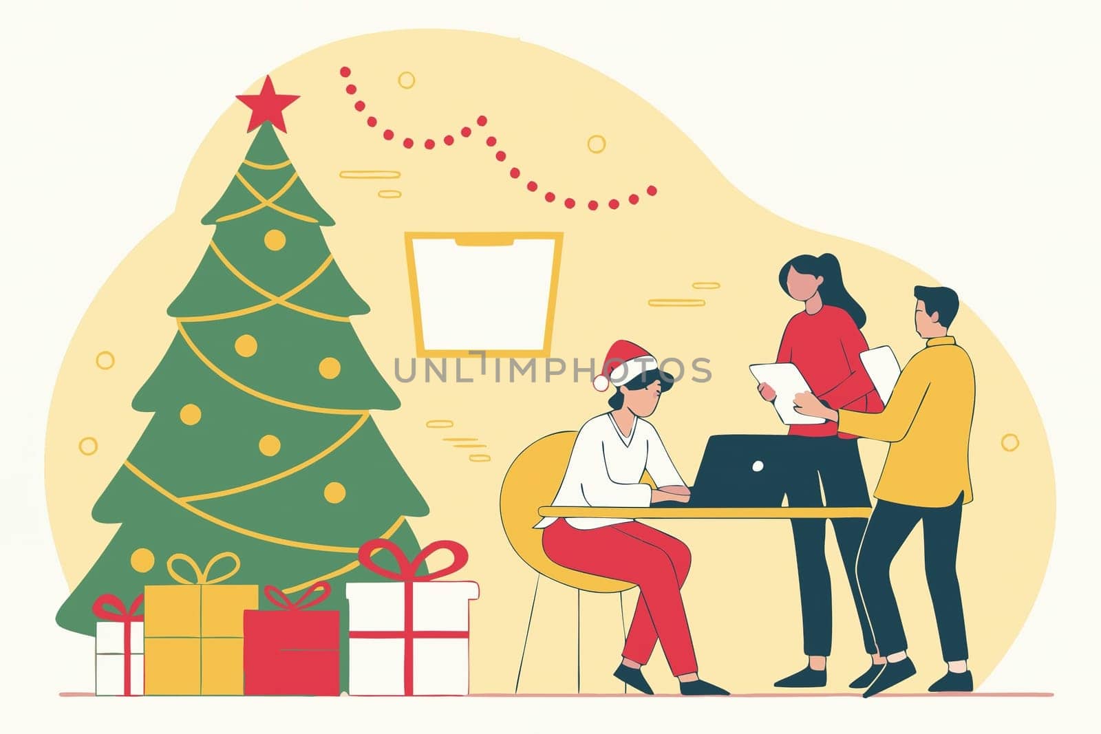 Christmas-Themed Collaborative Office Meeting Illustration.A digital illustration depicting a Christmas-themed collaborative office meeting in a modern workplace. Employees are gathered in a festive atmosphere, brainstorming projects amidst gift boxes, a Christmas tree, and holiday decorations. The background features twinkling Christmas lights, emphasizing a warm and cheerful work environment.