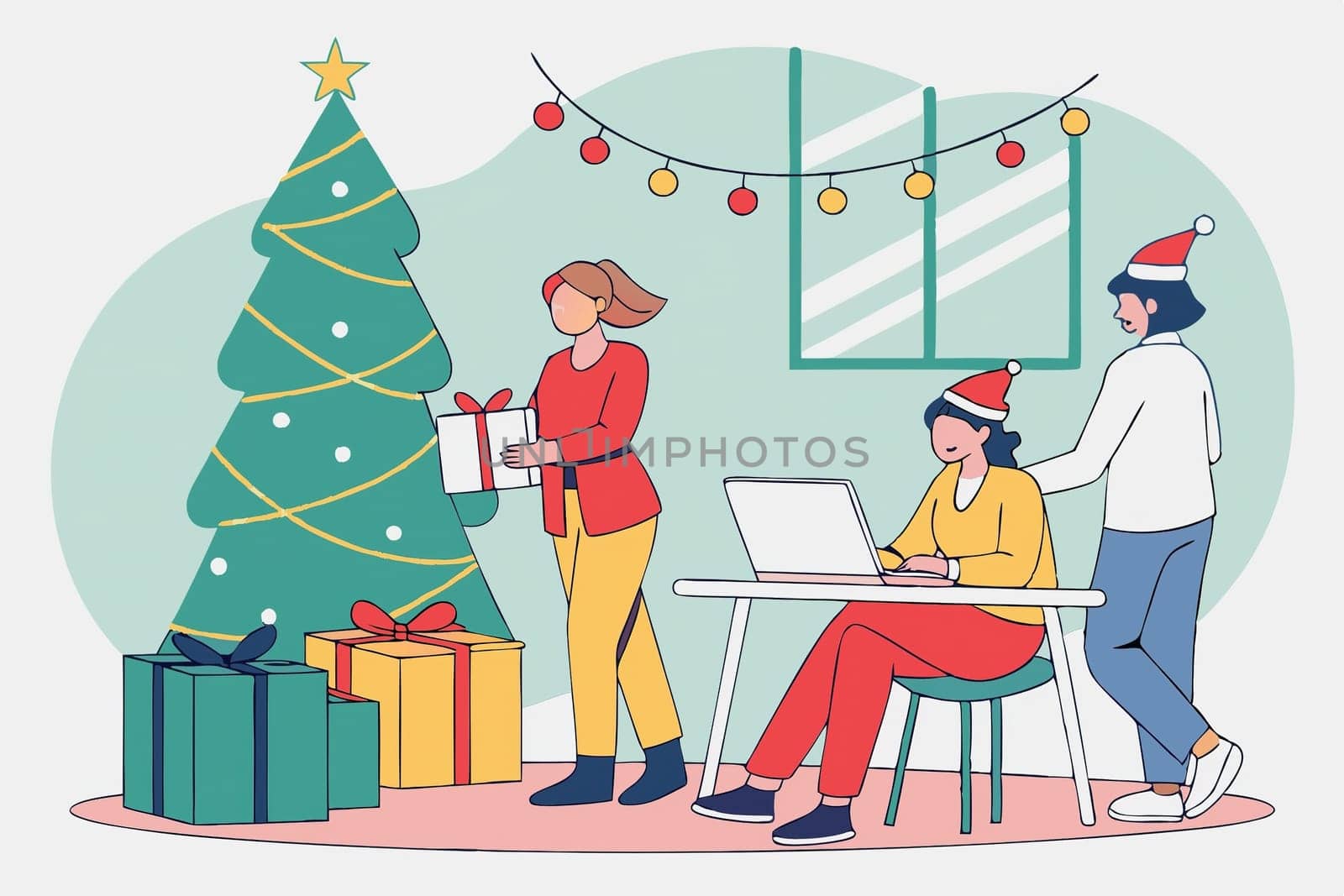 Christmas-Themed Collaborative Office Meeting Illustration.A digital illustration depicting a Christmas-themed collaborative office meeting in a modern workplace. Employees are gathered in a festive atmosphere, brainstorming projects amidst gift boxes, a Christmas tree, and holiday decorations. The background features twinkling Christmas lights, emphasizing a warm and cheerful work environment.