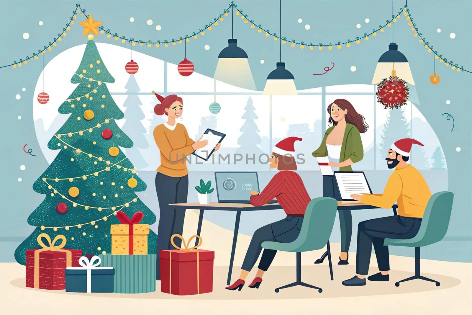 Christmas-Themed Collaborative Office Meeting Illustration.A digital illustration depicting a Christmas-themed collaborative office meeting in a modern workplace. Employees are gathered in a festive atmosphere, brainstorming projects amidst gift boxes, a Christmas tree, and holiday decorations. The background features twinkling Christmas lights, emphasizing a warm and cheerful work environment.