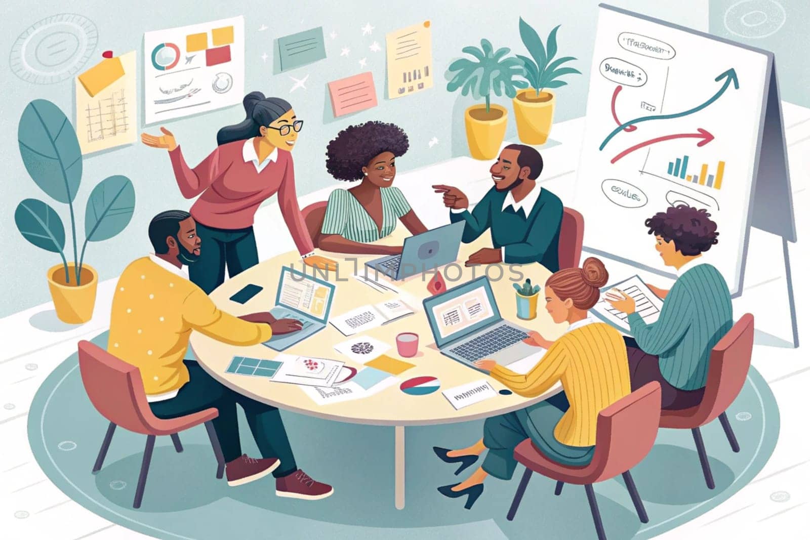Collaborative Office Meeting.The image depicts a group individuals engaged in a collaborative office meeting around a circular table. The participants are involved in various activities such as working on laptops, taking notes, and discussing documents. The setting includes several elements that indicate a professional environment: charts and graphs on the walls, a clock, potted plants, and office supplies.