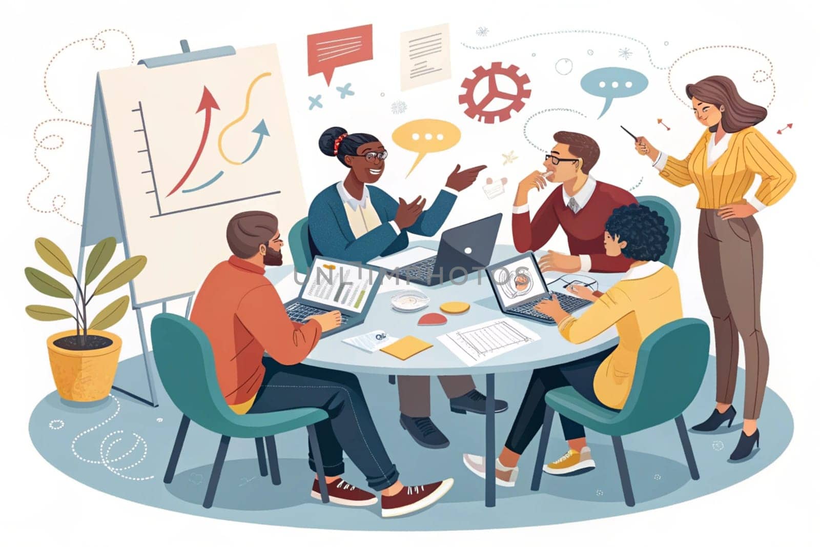 Collaborative Office Meeting.The image depicts a group individuals engaged in a collaborative office meeting around a circular table. The participants are involved in various activities such as working on laptops, taking notes, and discussing documents. The setting includes several elements that indicate a professional environment: charts and graphs on the walls, a clock, potted plants, and office supplies.