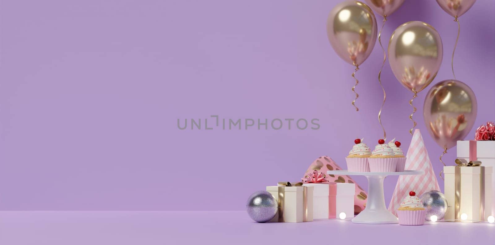 Festive purple-themed party scene with cupcakes, balloons, and gift boxes, providing a cheerful and colorful atmosphere.