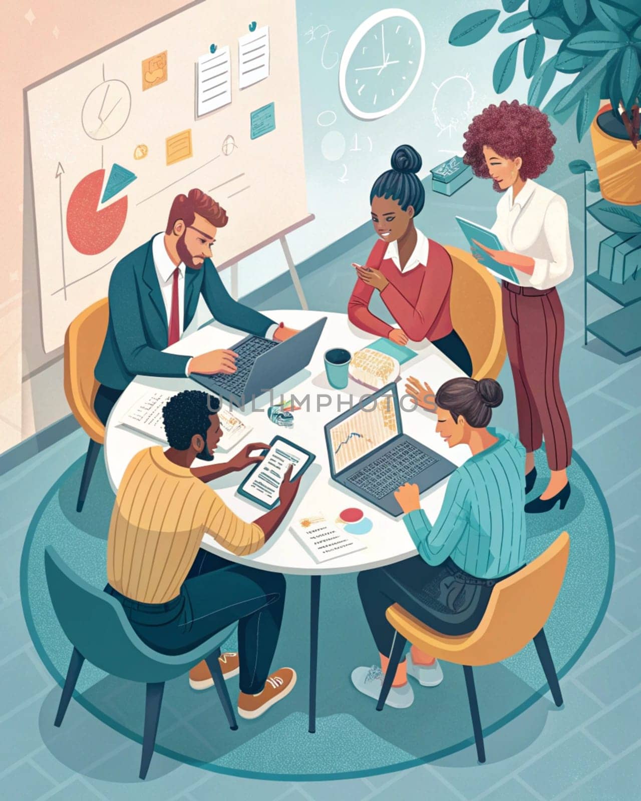 Collaborative Office Meeting.The image depicts a group individuals engaged in a collaborative office meeting around a circular table. The participants are involved in various activities such as working on laptops, taking notes, and discussing documents. The setting includes several elements that indicate a professional environment: charts and graphs on the walls, a clock, potted plants, and office supplies.