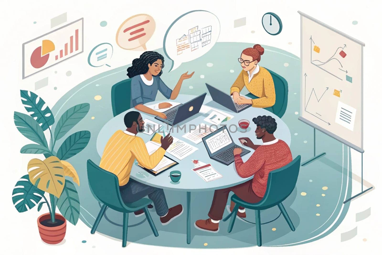 Collaborative Office Meeting.The image depicts a group individuals engaged in a collaborative office meeting around a circular table. The participants are involved in various activities such as working on laptops, taking notes, and discussing documents. The setting includes several elements that indicate a professional environment: charts and graphs on the walls, a clock, potted plants, and office supplies.