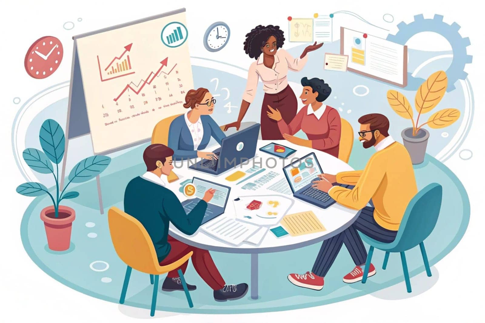 Collaborative Office Meeting.The image depicts a group individuals engaged in a collaborative office meeting around a circular table. The participants are involved in various activities such as working on laptops, taking notes, and discussing documents. The setting includes several elements that indicate a professional environment: charts and graphs on the walls, a clock, potted plants, and office supplies.