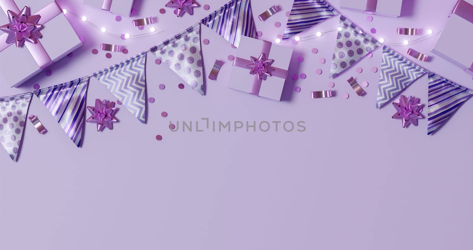 Overhead view of purple-themed party decor with gifts, bunting flags, and celebratory streamers.