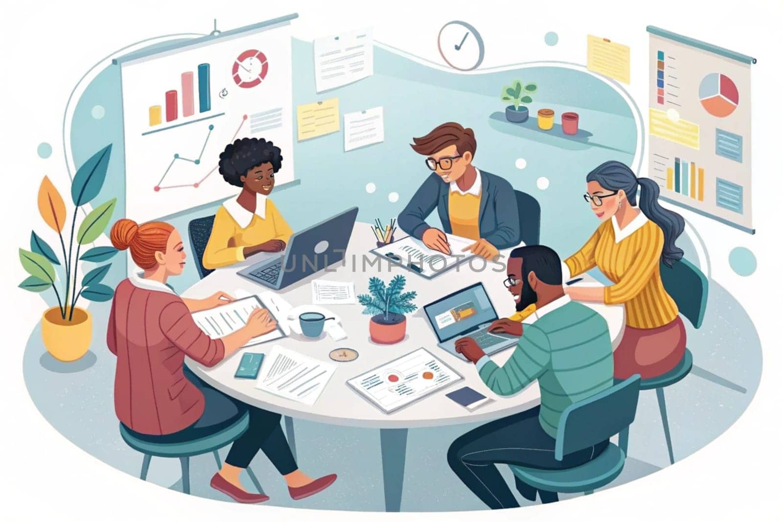 Collaborative Office Meeting.The image depicts a group individuals engaged in a collaborative office meeting around a circular table. The participants are involved in various activities such as working on laptops, taking notes, and discussing documents. The setting includes several elements that indicate a professional environment: charts and graphs on the walls, a clock, potted plants, and office supplies.