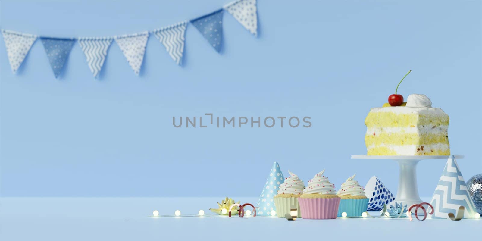 Colorful blue party scene with cake, cupcakes, party hats, and decorative bunting flags creating a whimsical atmosphere.