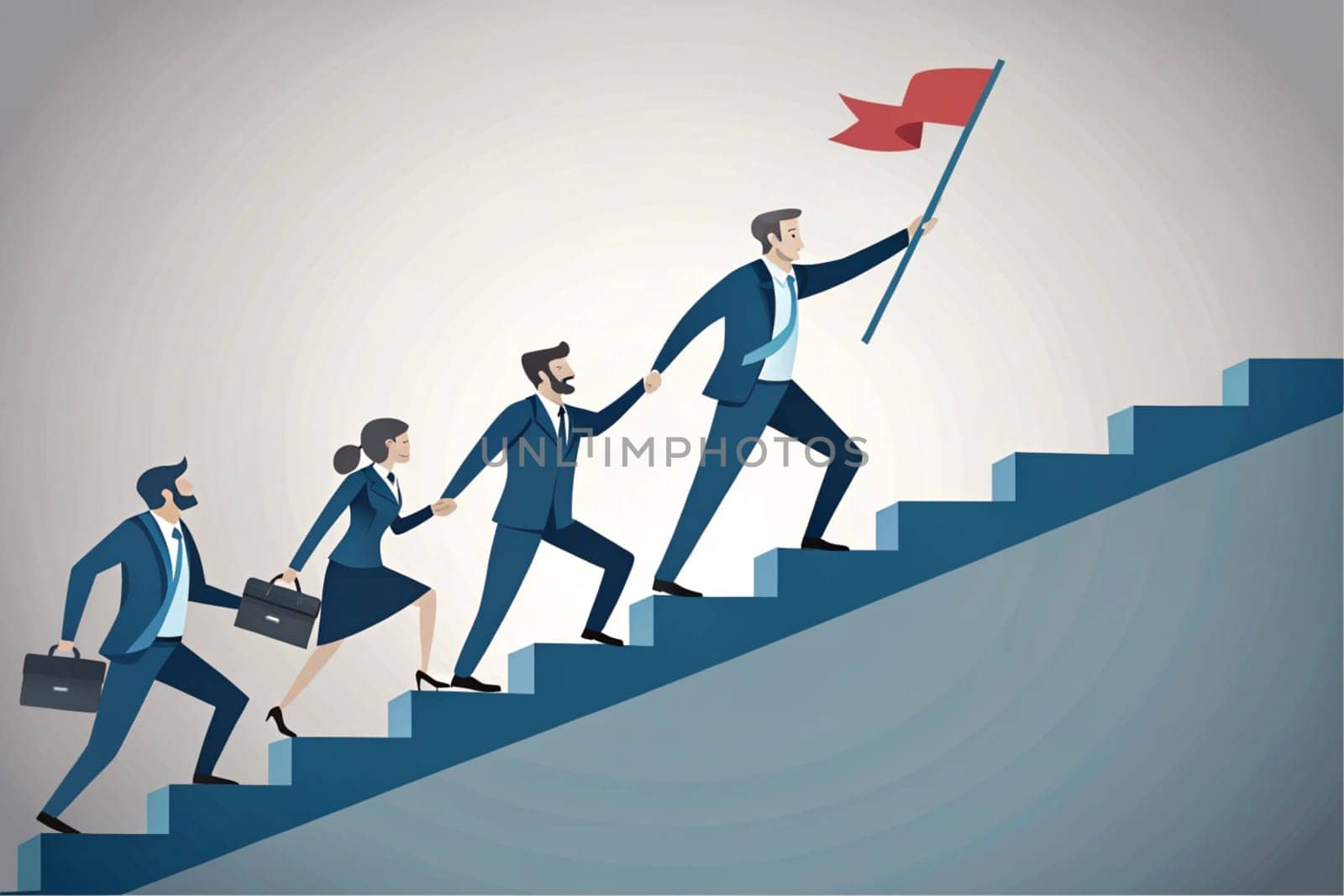 Teamwork and Leadership Achieving Success Concept. In the graphic, a group of professionals are moving up a staircase consisting of consecutive blue bars. The leader at the front carries a flag symbolizing success, while other members hold hands to support. This visual emphasizes the importance of teamwork, leadership, and achieving success together. The gray background offers simplicity with a minimal design approach.