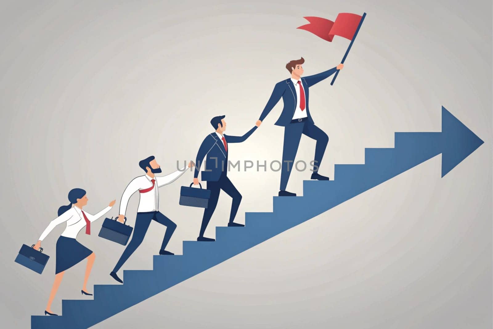 Teamwork and Leadership Achieving Success Concept. In the graphic, a group of professionals are moving up a staircase consisting of consecutive blue bars. The leader at the front carries a flag symbolizing success, while other members hold hands to support. This visual emphasizes the importance of teamwork, leadership, and achieving success together. The gray background offers simplicity with a minimal design approach.