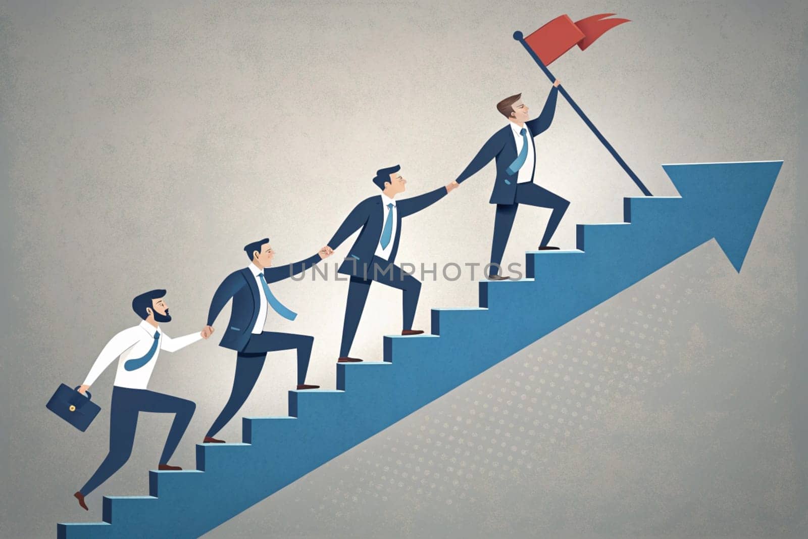 Teamwork and Leadership Achieving Success Concept. In the graphic, a group of professionals are moving up a staircase consisting of consecutive blue bars. The leader at the front carries a flag symbolizing success, while other members hold hands to support. This visual emphasizes the importance of teamwork, leadership, and achieving success together. The gray background offers simplicity with a minimal design approach.